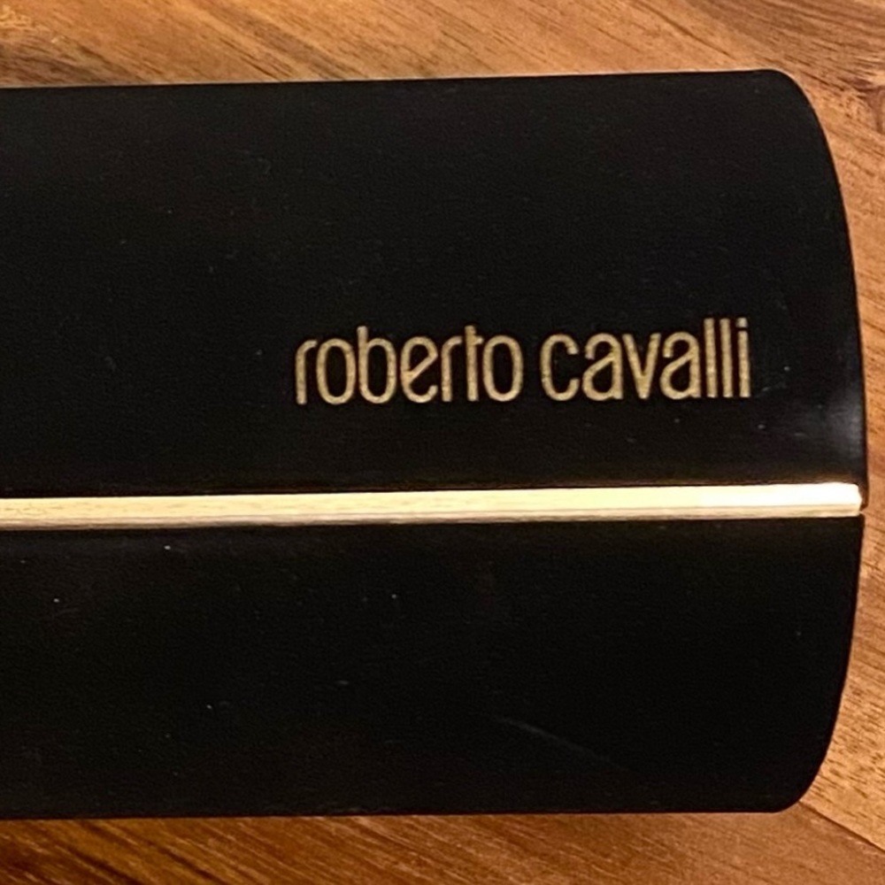 Roberto Cavalli hard cylinder case for eyewear | Black velvet Gold logo accents